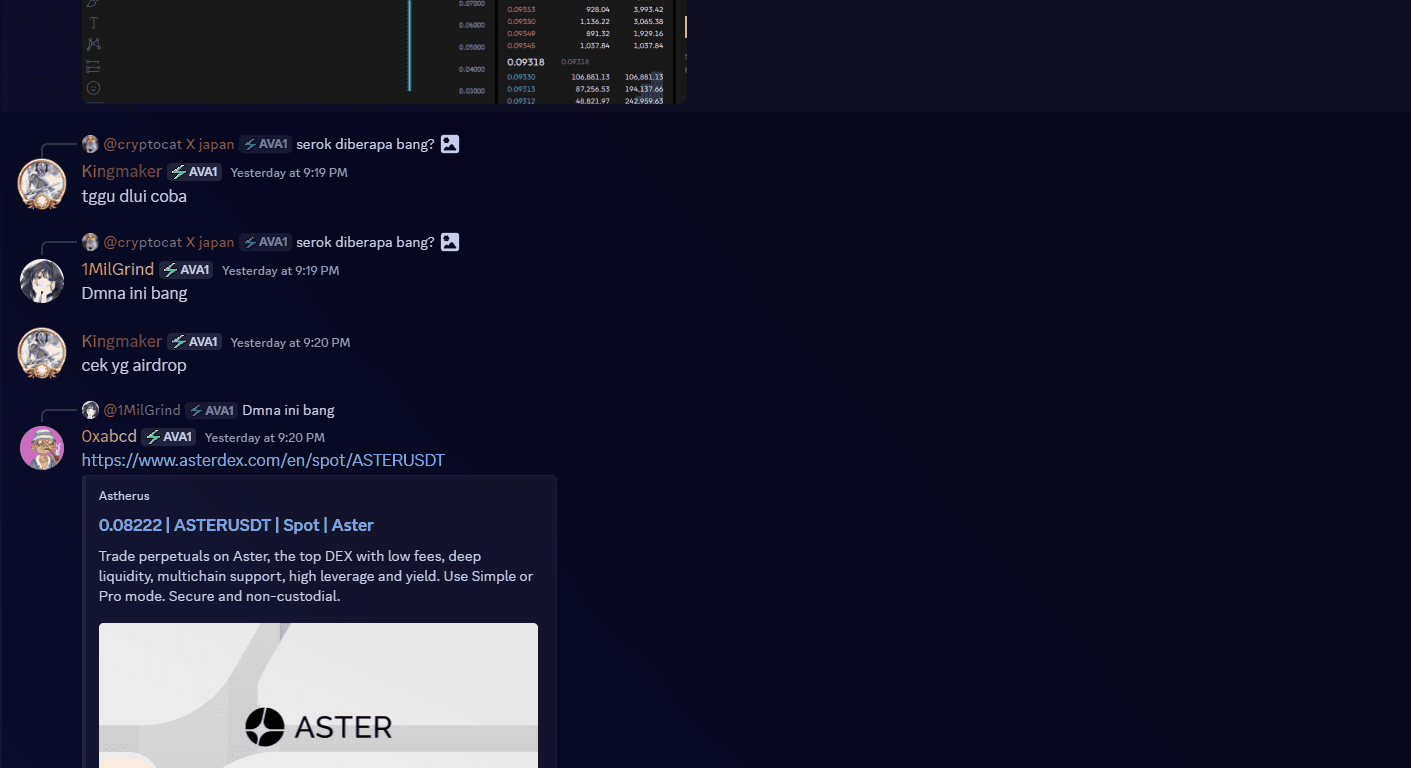 Discord screenshot of the $ASTER spot call shared in the community chat at $0.08222